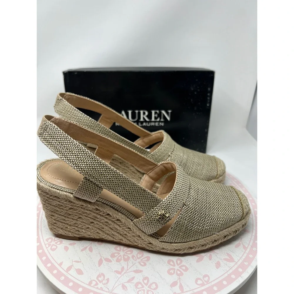 LAUREN Ralph Lauren Penelopie Espadrille Wedge Women 6 Silver Metallic Straw New